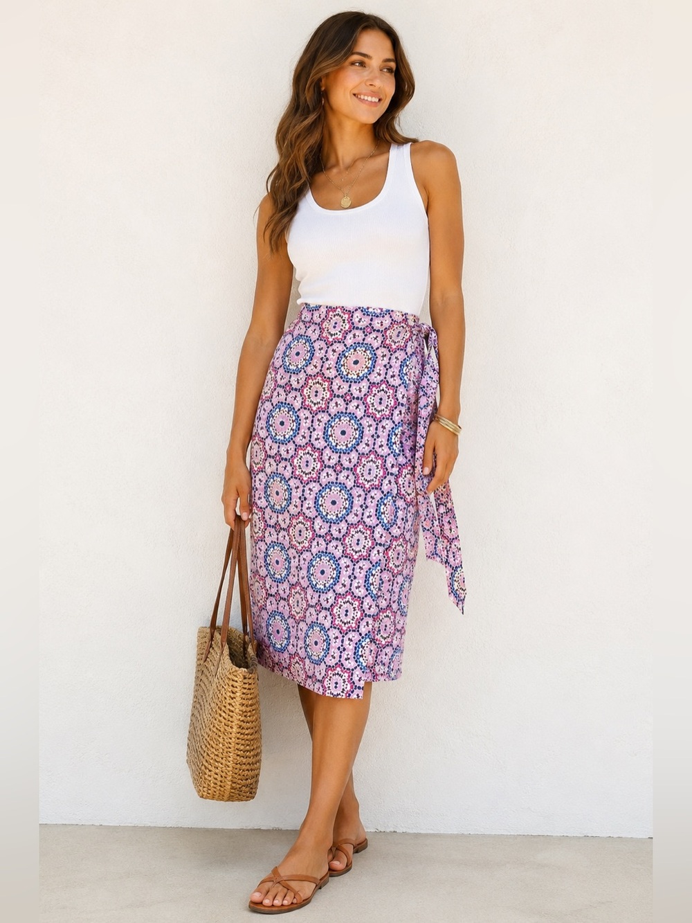 LOFT Linen Blend Mosaic Print Wrap Midi Skirt Pink Blue Size 4